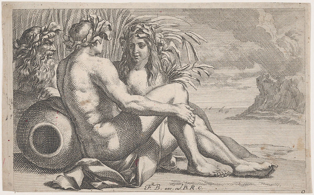 River gods reclining before a seascape, François Bourlier (French, active 1651–1682), Engraving and etching 