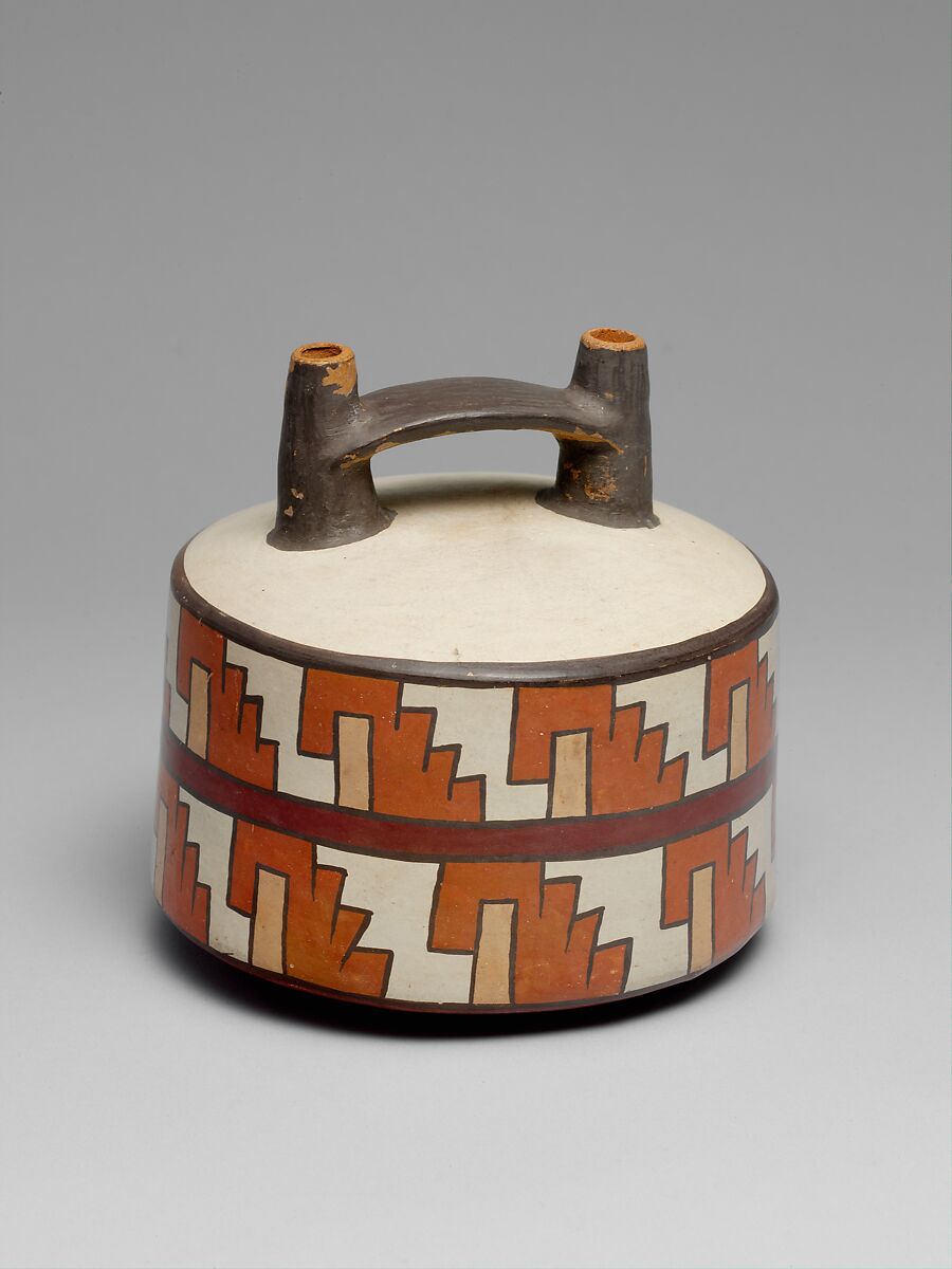 Spout-and-bridge bottles with stepped design, Nasca artist(s), Ceramic, slip, Nasca