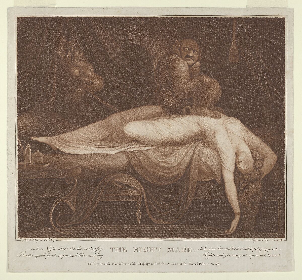 The Night Mare, Laurede (French, late 18th century), Stipple engraving, printed in brown ink 