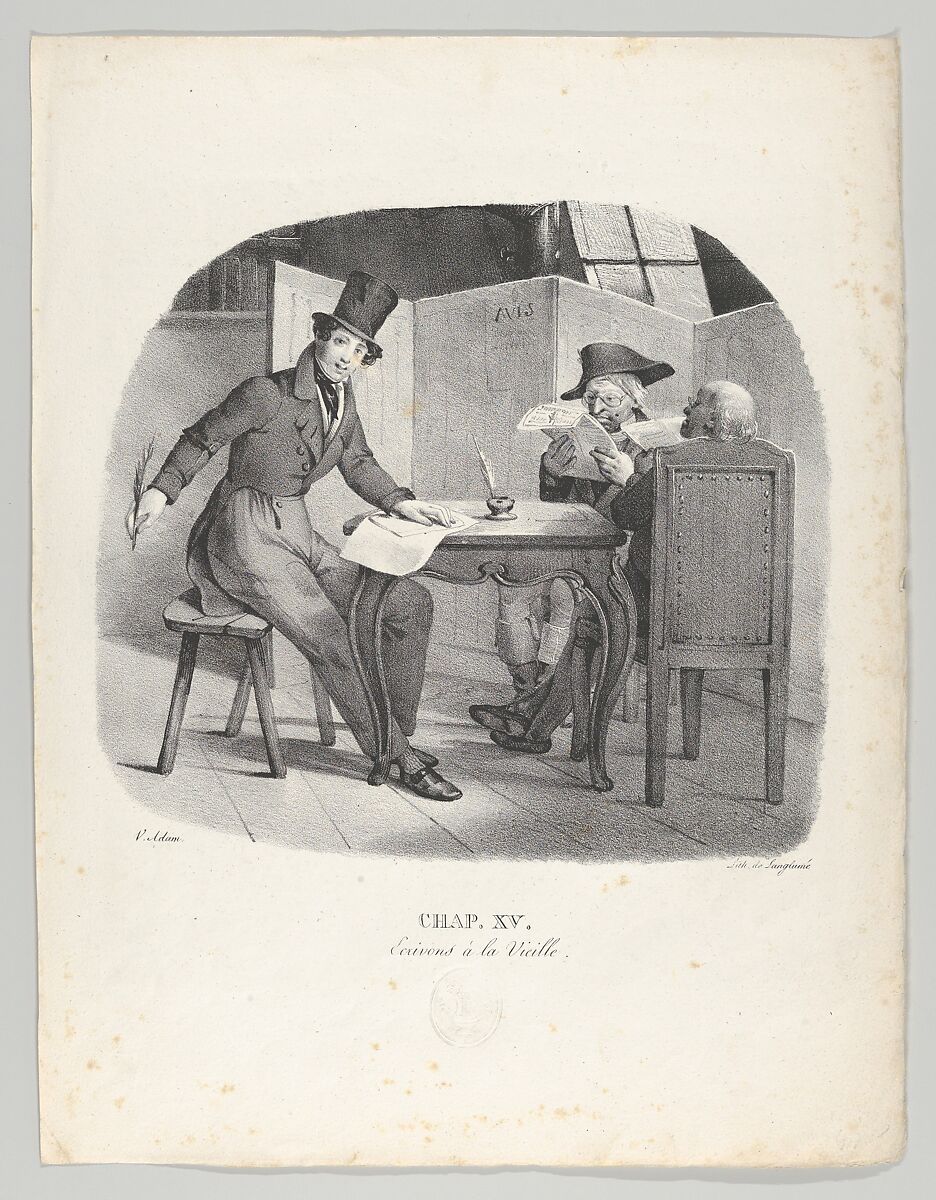 Chap. XV: Ecrivons à la Vielle (Writings for the elderly), Victor Adam (French, 1801–1866), Lithograph 