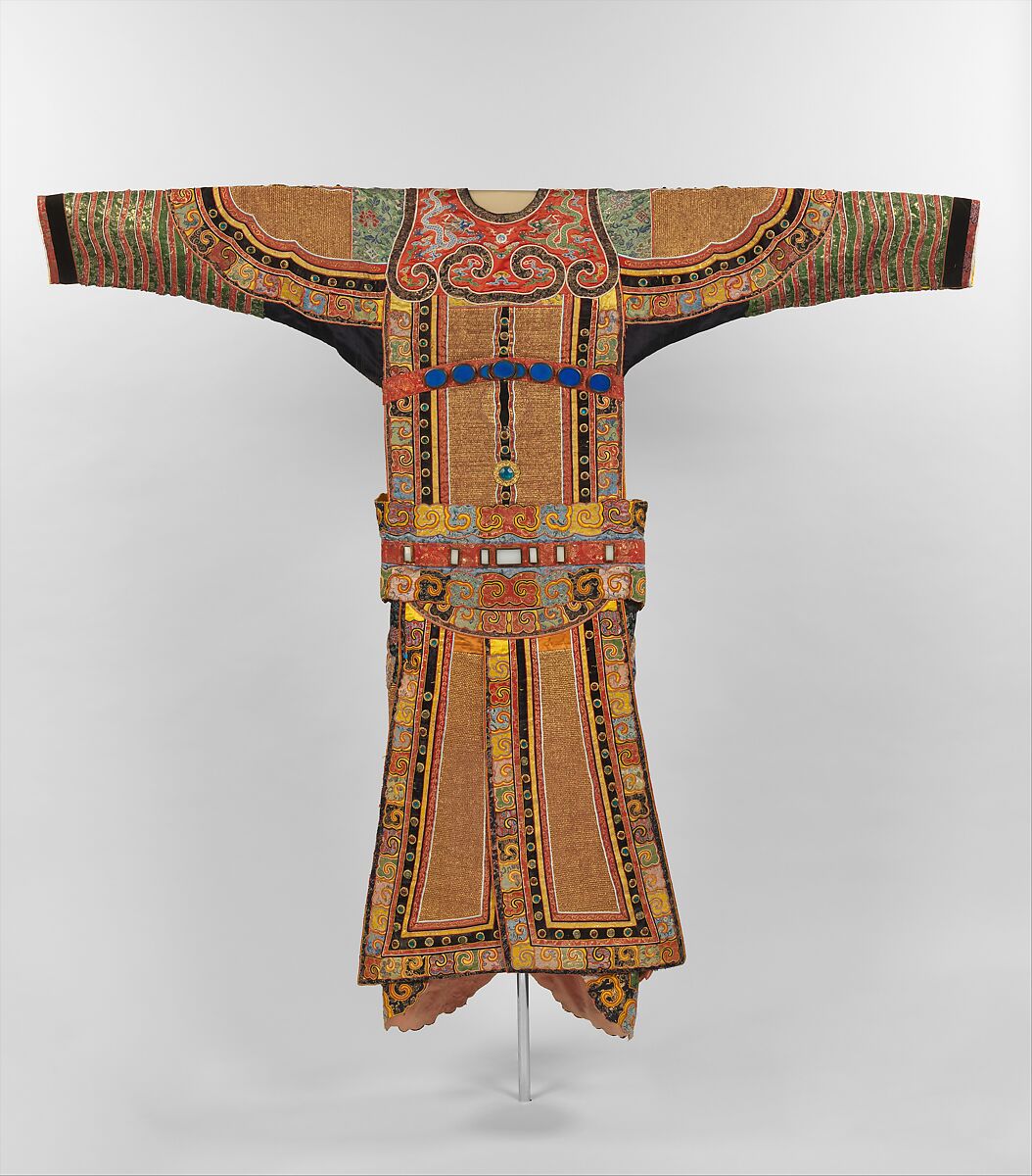 Theatrical Costume for the Role of a Warrior, Silk, metallic thread, metal, glass, China
