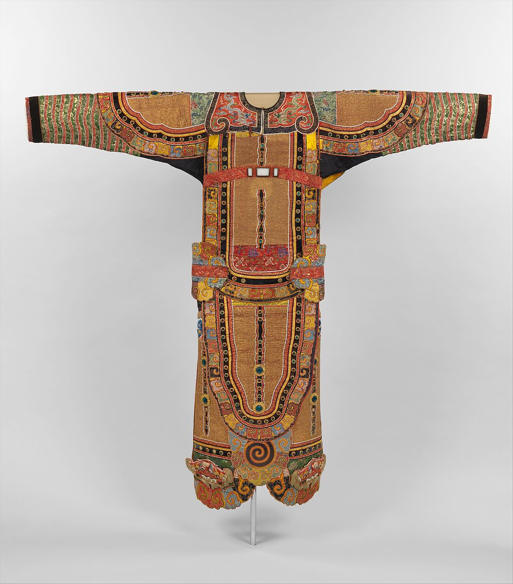 Theatrical Costume for the Role of a Warrior, Silk, metallic thread, metal, glass, China