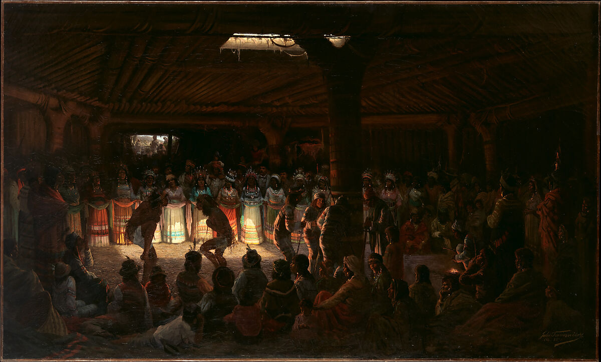 Dance in a Subterranean Roundhouse at Clear Lake, California, Jules Tavernier (American (born France), Paris 1844–1889 Honolulu, Hawaii), Oil on canvas, American