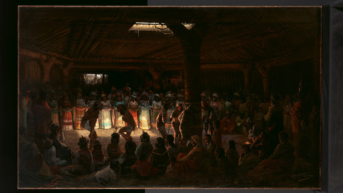Dance in a Subterranean Roundhouse at Clear Lake, California, Jules Tavernier (American (born France), Paris 1844–1889 Honolulu, Hawaii), Oil on canvas, American
