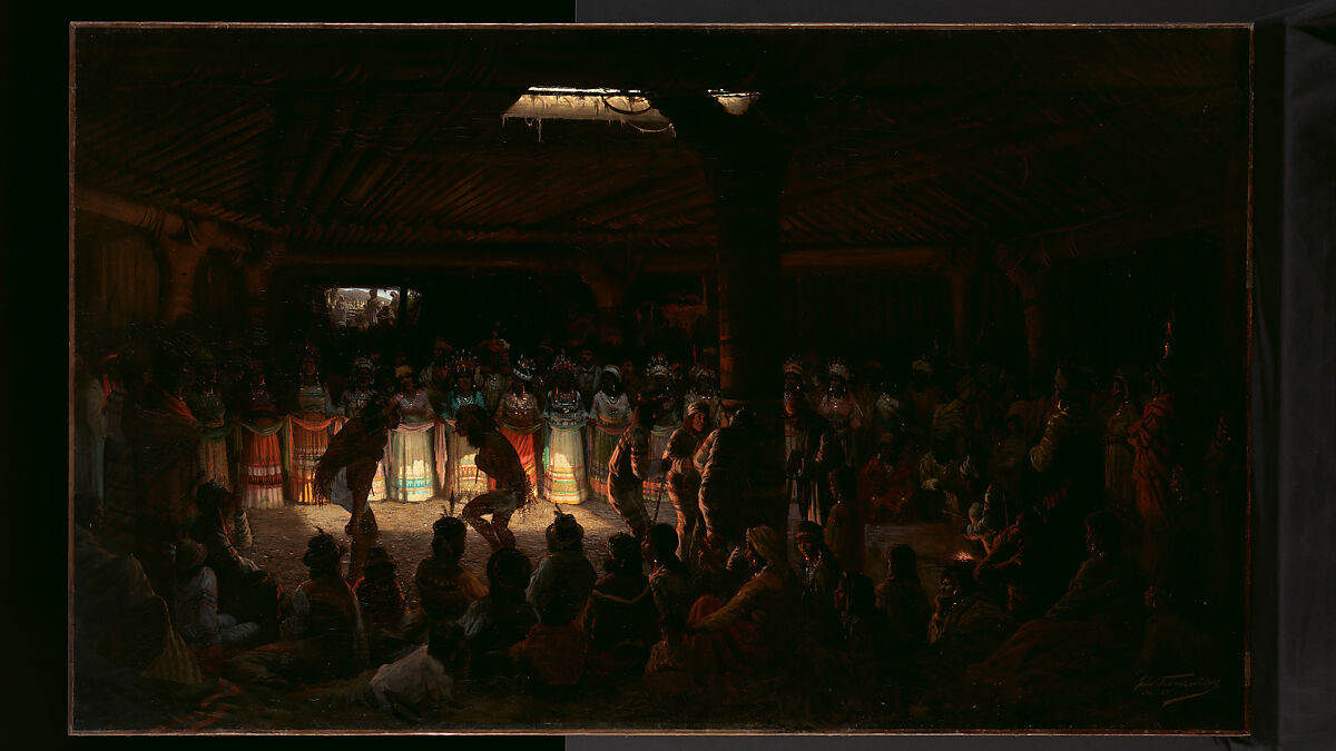 Dance in a Subterranean Roundhouse at Clear Lake, California, Jules Tavernier (American (born France), Paris 1844–1889 Honolulu, Hawaii), Oil on canvas, American