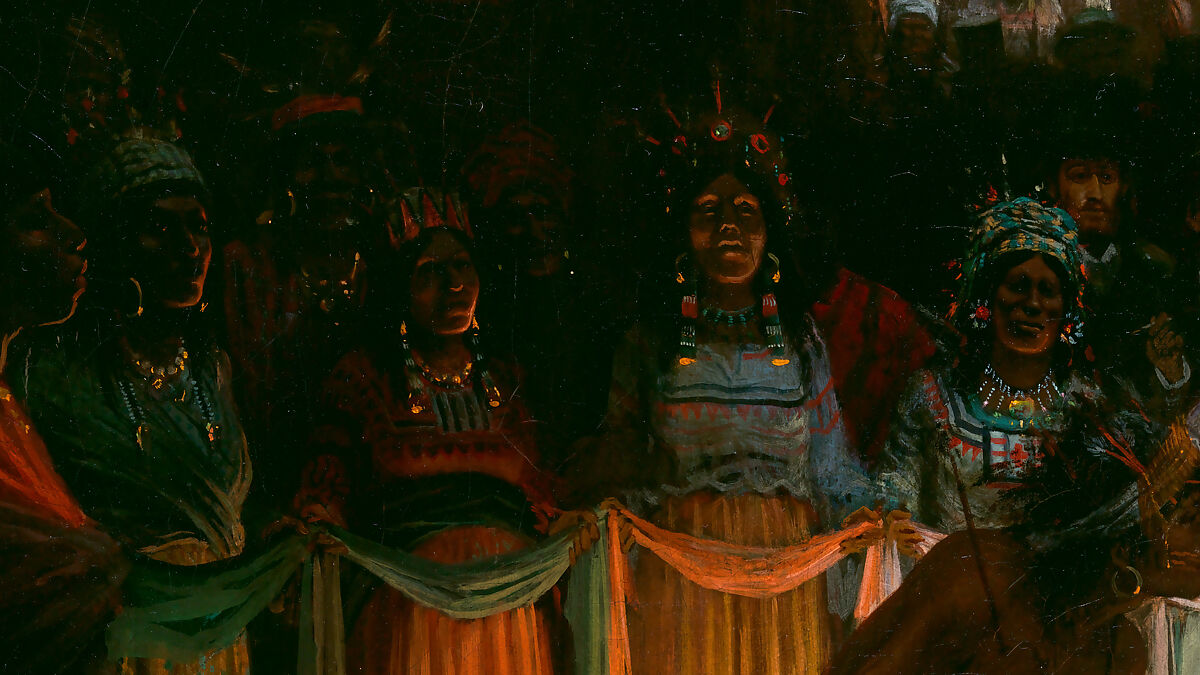 Dance in a Subterranean Roundhouse at Clear Lake, California, Jules Tavernier (American (born France), Paris 1844–1889 Honolulu, Hawaii), Oil on canvas, American