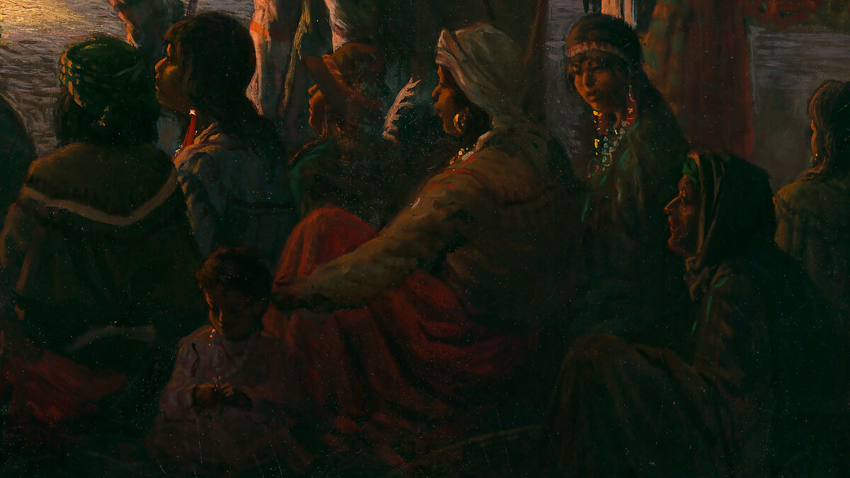 Dance in a Subterranean Roundhouse at Clear Lake, California, Jules Tavernier (American (born France), Paris 1844–1889 Honolulu, Hawaii), Oil on canvas, American