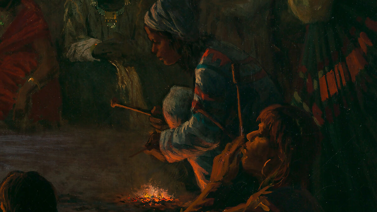 Dance in a Subterranean Roundhouse at Clear Lake, California, Jules Tavernier (American (born France), Paris 1844–1889 Honolulu, Hawaii), Oil on canvas, American