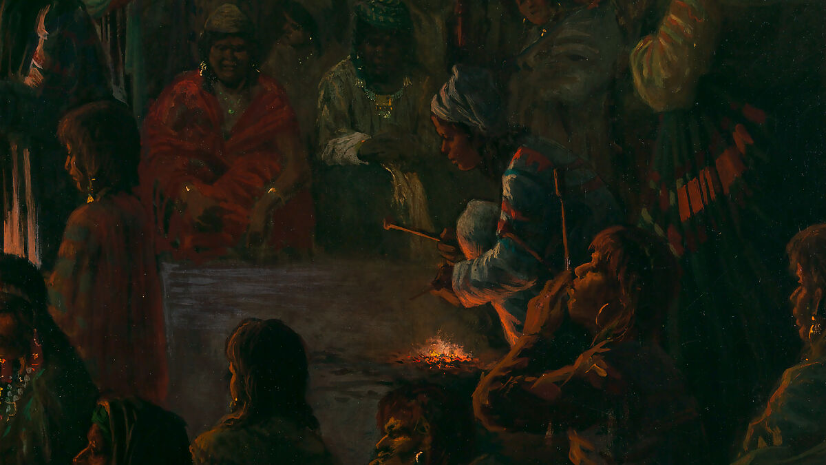 Dance in a Subterranean Roundhouse at Clear Lake, California, Jules Tavernier (American (born France), Paris 1844–1889 Honolulu, Hawaii), Oil on canvas, American