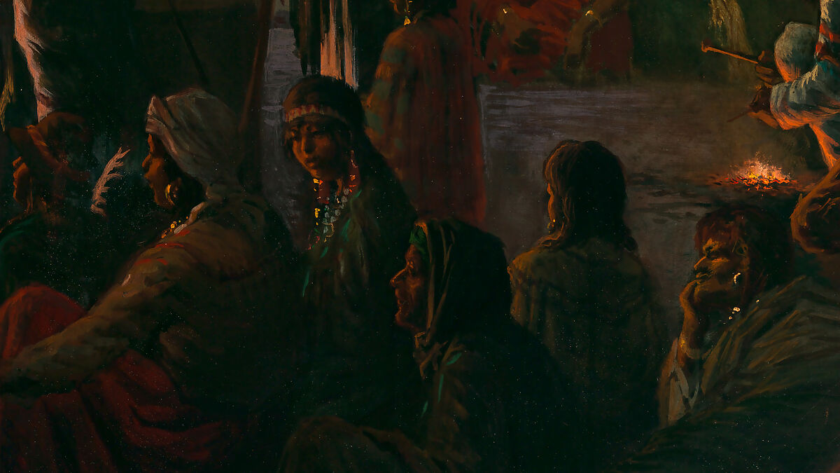 Dance in a Subterranean Roundhouse at Clear Lake, California, Jules Tavernier (American (born France), Paris 1844–1889 Honolulu, Hawaii), Oil on canvas, American