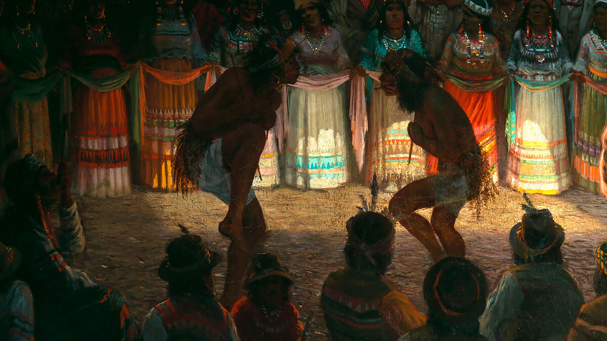 Dance in a Subterranean Roundhouse at Clear Lake, California, Jules Tavernier (American (born France), Paris 1844–1889 Honolulu, Hawaii), Oil on canvas, American