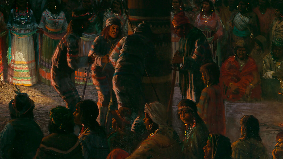 Dance in a Subterranean Roundhouse at Clear Lake, California, Jules Tavernier (American (born France), Paris 1844–1889 Honolulu, Hawaii), Oil on canvas, American