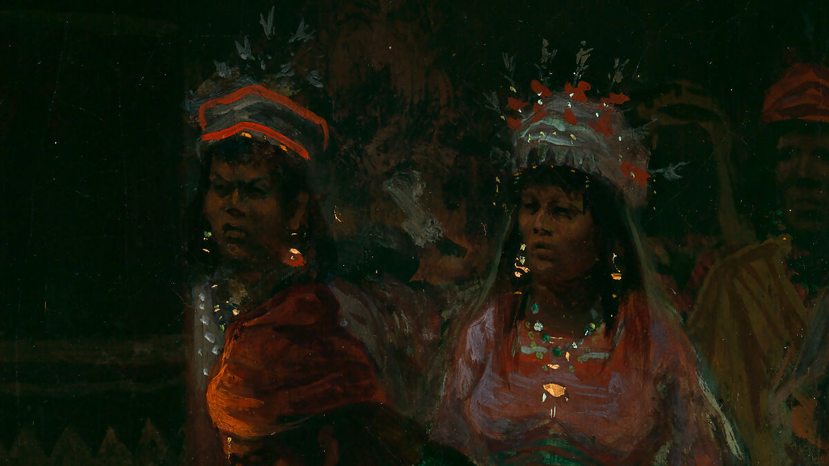 Dance in a Subterranean Roundhouse at Clear Lake, California, Jules Tavernier (American (born France), Paris 1844–1889 Honolulu, Hawaii), Oil on canvas, American