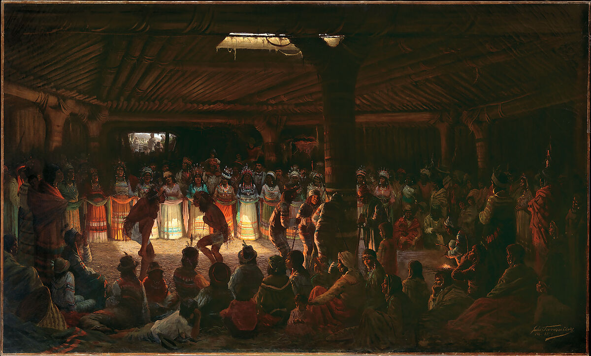 Dance in a Subterranean Roundhouse at Clear Lake, California, Jules Tavernier (American (born France), Paris 1844–1889 Honolulu, Hawaii), Oil on canvas, American 