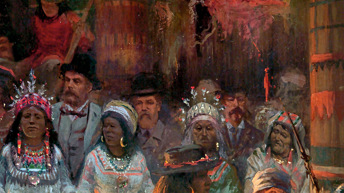 Dance in a Subterranean Roundhouse at Clear Lake, California, Jules Tavernier (American (born France), Paris 1844–1889 Honolulu, Hawaii), Oil on canvas, American