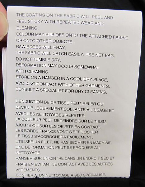 Ensemble, Noir Kei Ninomiya (Japanese, founded 2013), plastic (polyurethane), polyester, cupro, metal, Japanese