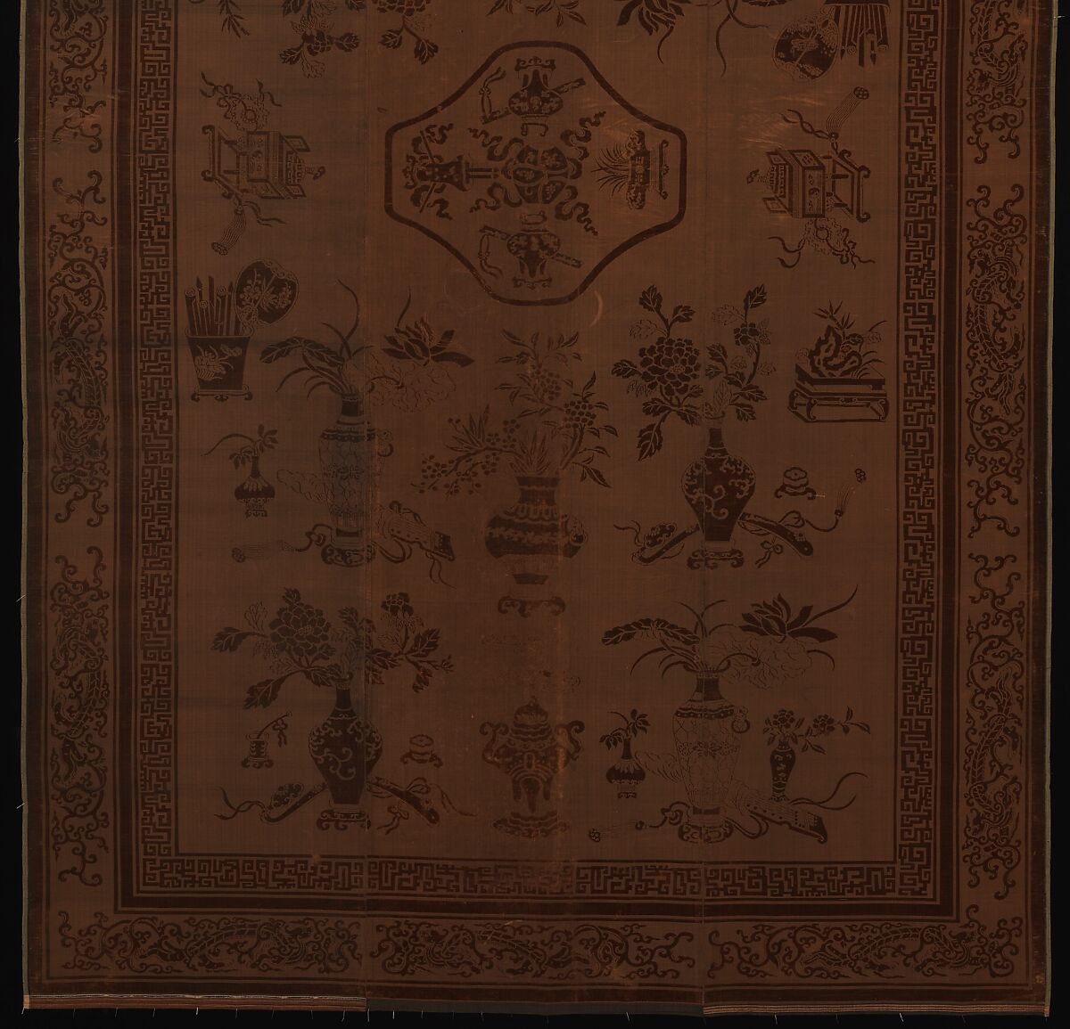 Floor Covering with Theme of the "Hundred Antiques", Silk, metallic thread, China
