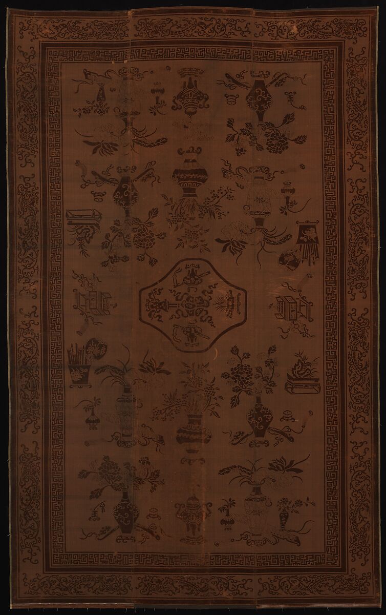Floor Covering with Theme of the "Hundred Antiques", Silk, metallic thread, China 