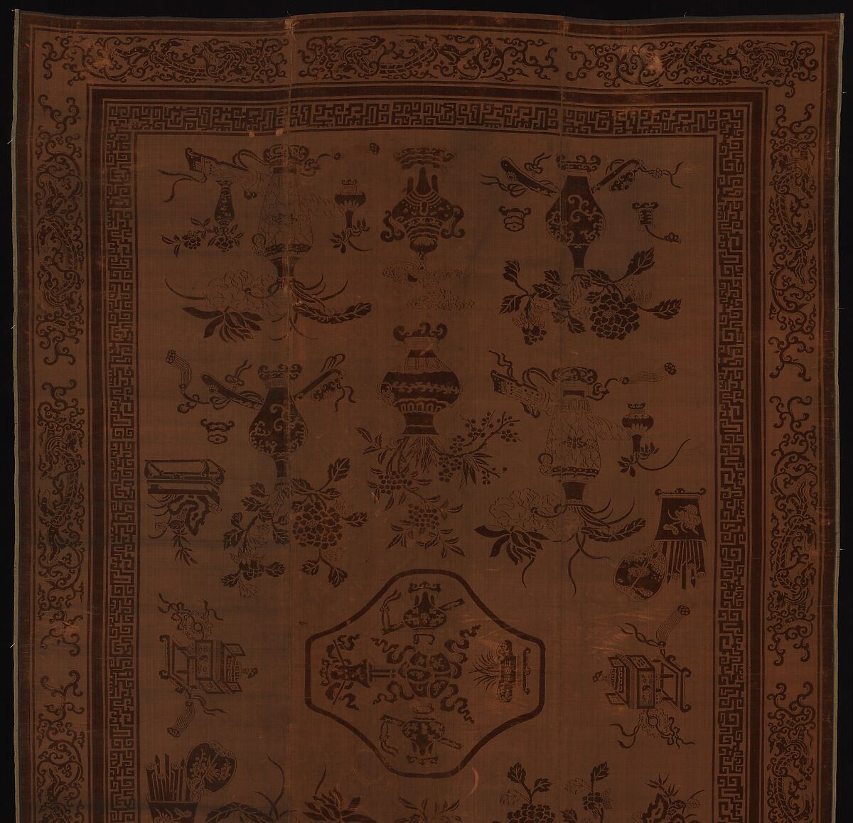 Floor Covering with Theme of the "Hundred Antiques", Silk, metallic thread, China