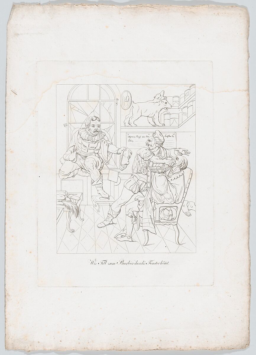 Wie Till zur Barbier durch's Fenster kömt (How Till Eupenspiegel Came In Through the Barber's Window), Johann Heinrich Lips (Swiss, Kloten 1758–1817 Zurich), Outline engraving and etching 
