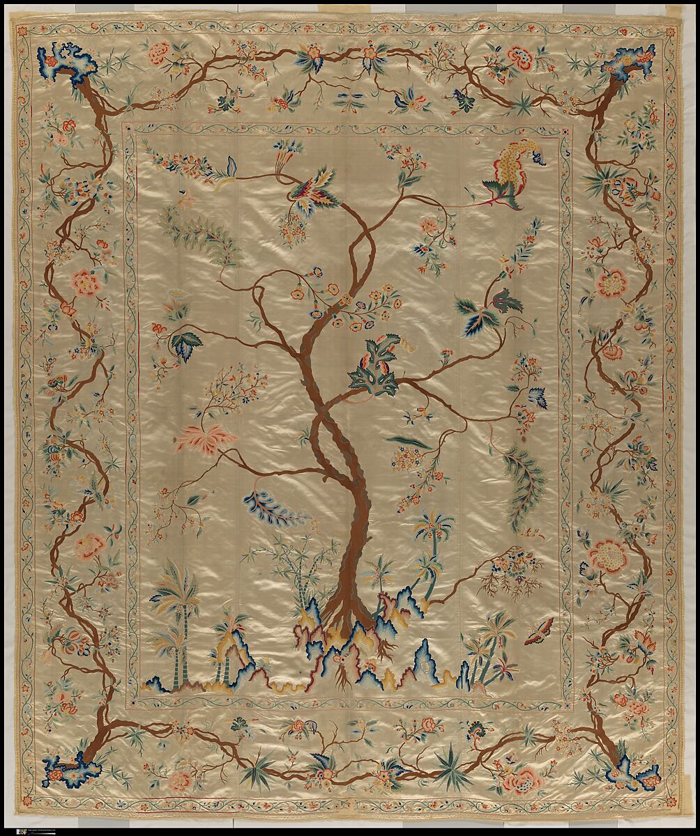 Chinese Palampore, Silk satin embroidered with silk, China (Guangzhou), for the European or American market 