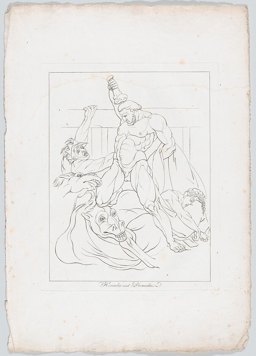 Hercules Slays Diomedes and his Flesh-Eating Mares (Apollodorus, II, 5, 8 and Quintus Smyrnaeus, VI, 247-250), Johann Heinrich Lips (Swiss, Kloten 1758–1817 Zurich), Outline engraving and etching 