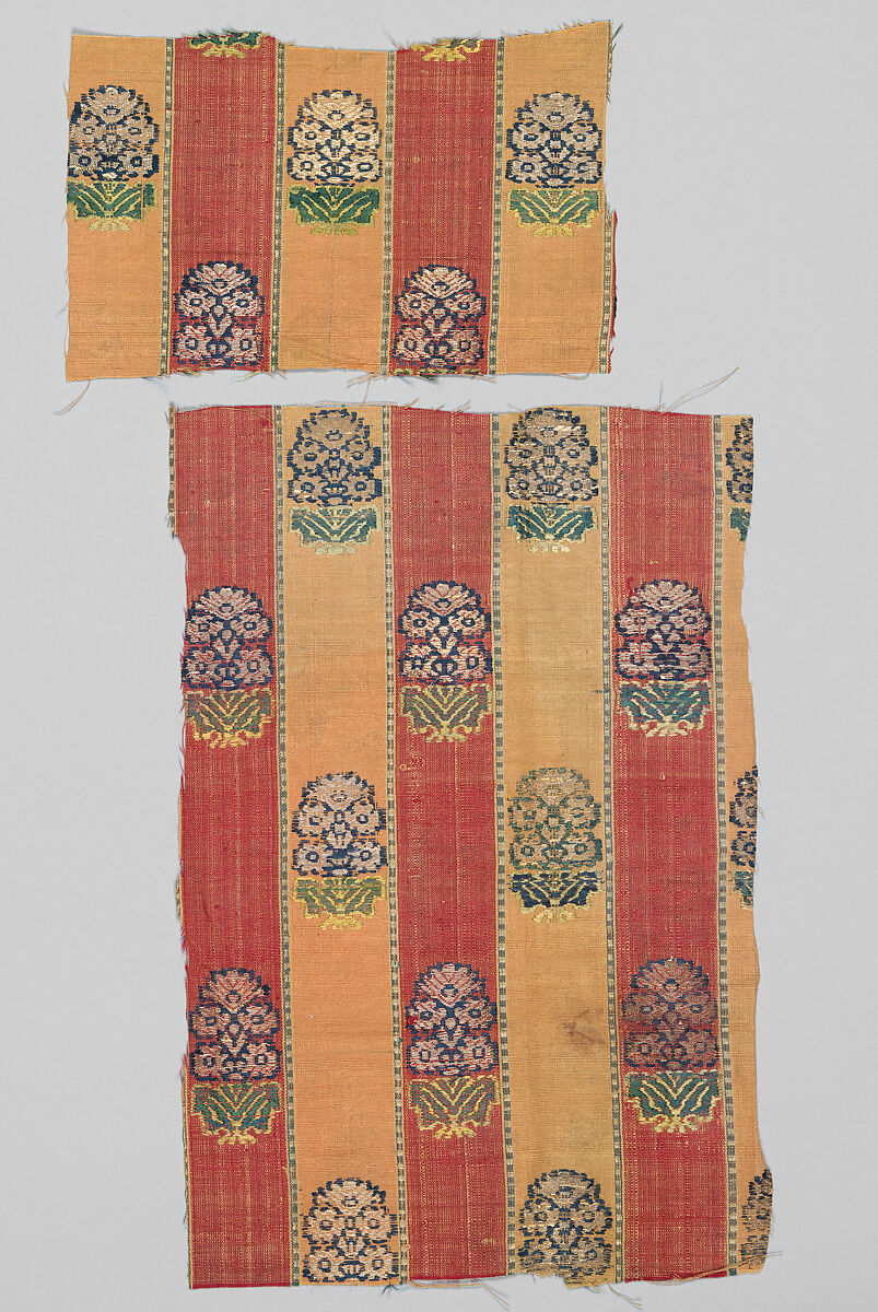 Two Textile Fragments, Silk and mmetal wrapped thread; brocaded 