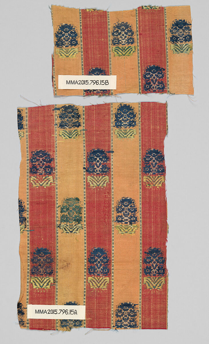 Two Textile Fragments, Silk and mmetal wrapped thread; brocaded
