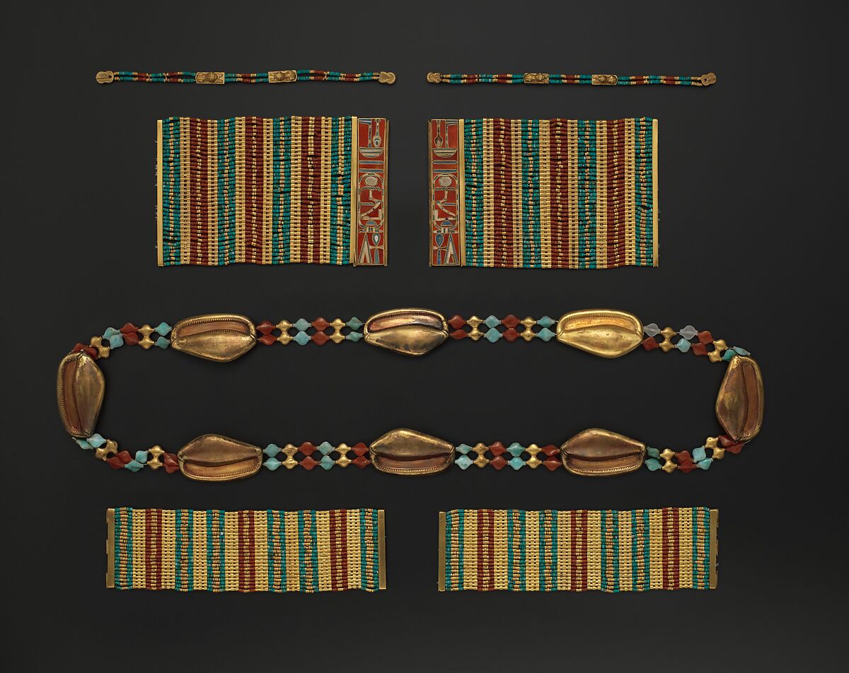 Cowrie Shell Girdle, Lion Bracelets, Bracelets with the Name of Amenemhat III, and Anklets of Princess Sithathoryunet, Gold, carnelian, turquoise, feldspar, pellets of copper-silver alloy 