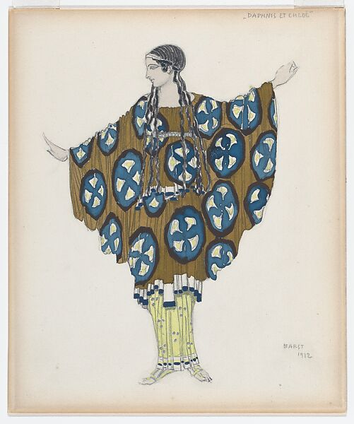 Costume Design for a Woman from the Village, for the Ballet 'Daphnis and Chloé', performed at the Théâtre du Châtelet in Paris, 1912, Léon Bakst (Russian, Grodno 1866–1924 Paris), Watercolor and graphite 