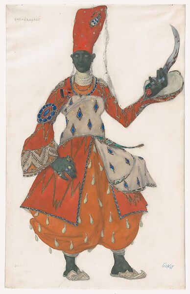 Costume Design for a Eunuch in Scheherazade, Léon Bakst (Russian, Grodno 1866–1924 Paris), Gouache and graphite, heightened with gold paint 