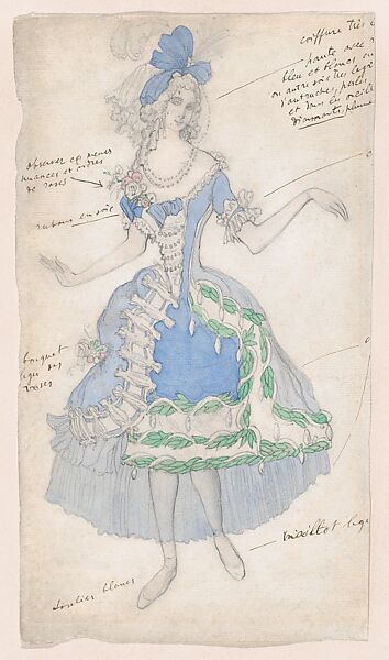 Costume Design for a Female Courtier, likely for the Ballet 'La Belle au Bois Dormant' (Sleeping Beauty), premiered at the Alhambra Theatre in London, 1921, Léon Bakst (Russian, Grodno 1866–1924 Paris), Watercolor and graphite 