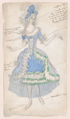 Costume Design for a Female Courtier, likely for the Ballet 'La Belle au Bois Dormant' (Sleeping Beauty), premiered at the Alhambra Theatre in London, 1921