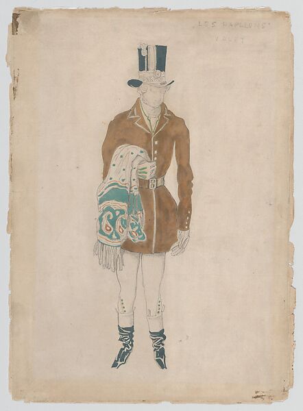 Costume Design for a Valet, likely for the Ballet 'Les Papillons', premiered at the Théâtre de Monte-Carlo, 1914, Léon Bakst (Russian, Grodno 1866–1924 Paris), Gouache and graphite 