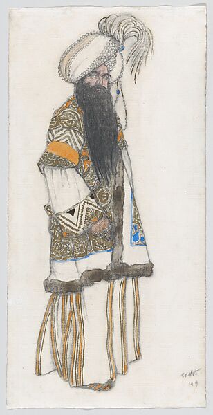 Costume Design for the 'Sultan Samarkand' for the Ballet 'Schéhérazade', Léon Bakst (Russian, Grodno 1866–1924 Paris), Watercolor, graphite, and gold paint 