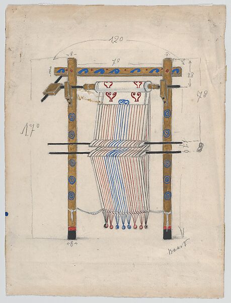 Design for a Loom, possibly for the Ballet 'Helen of Sparta' (1913), Léon Bakst (Russian, Grodno 1866–1924 Paris), Graphite and gouache 