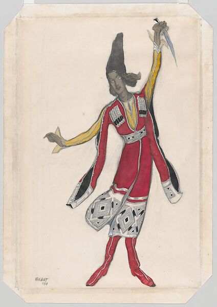 Costume Design for the Ballet 'Thamar', premiered at the Théâtre du Châtelet in Paris, 1912, Léon Bakst (Russian, Grodno 1866–1924 Paris), Gouache, graphite, and silver paint 