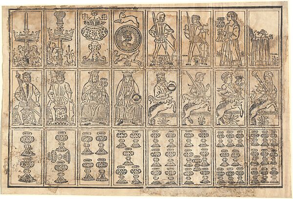 Uncut Sheet of Tarot Cards, Woodcut on paper, North Italian 