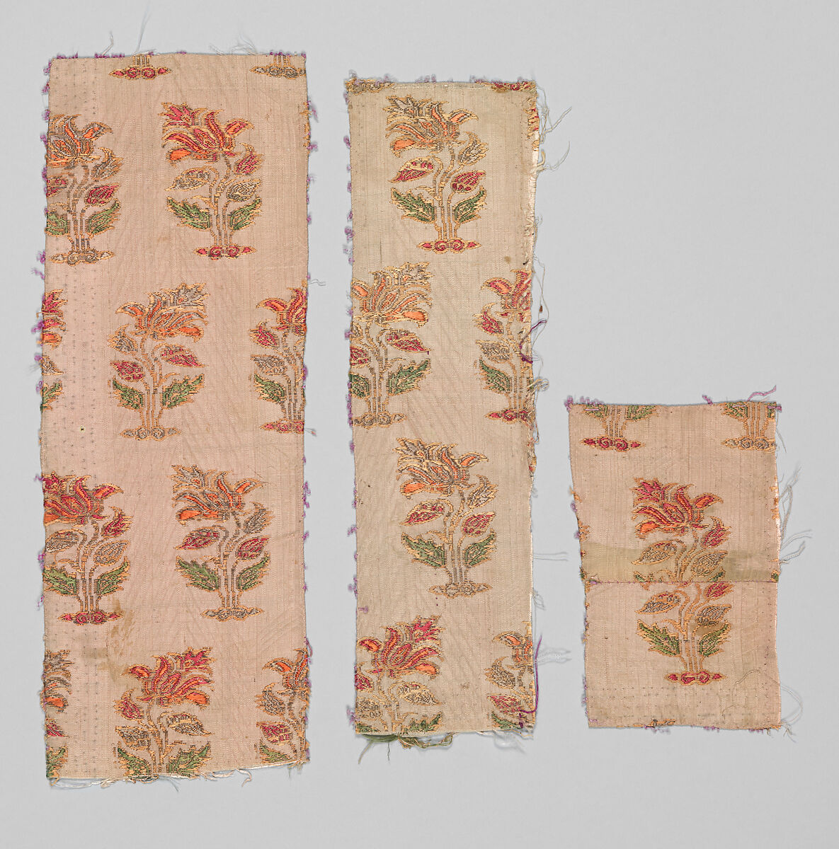 Three Textile Fragments, Silk and metal wrapped thread; brocaded 