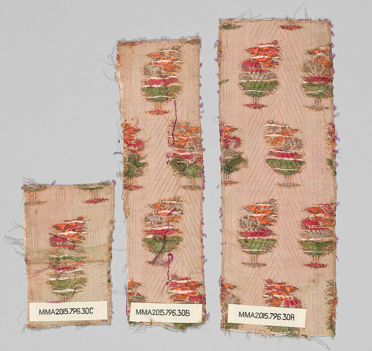 Three Textile Fragments, Silk and metal wrapped thread; brocaded