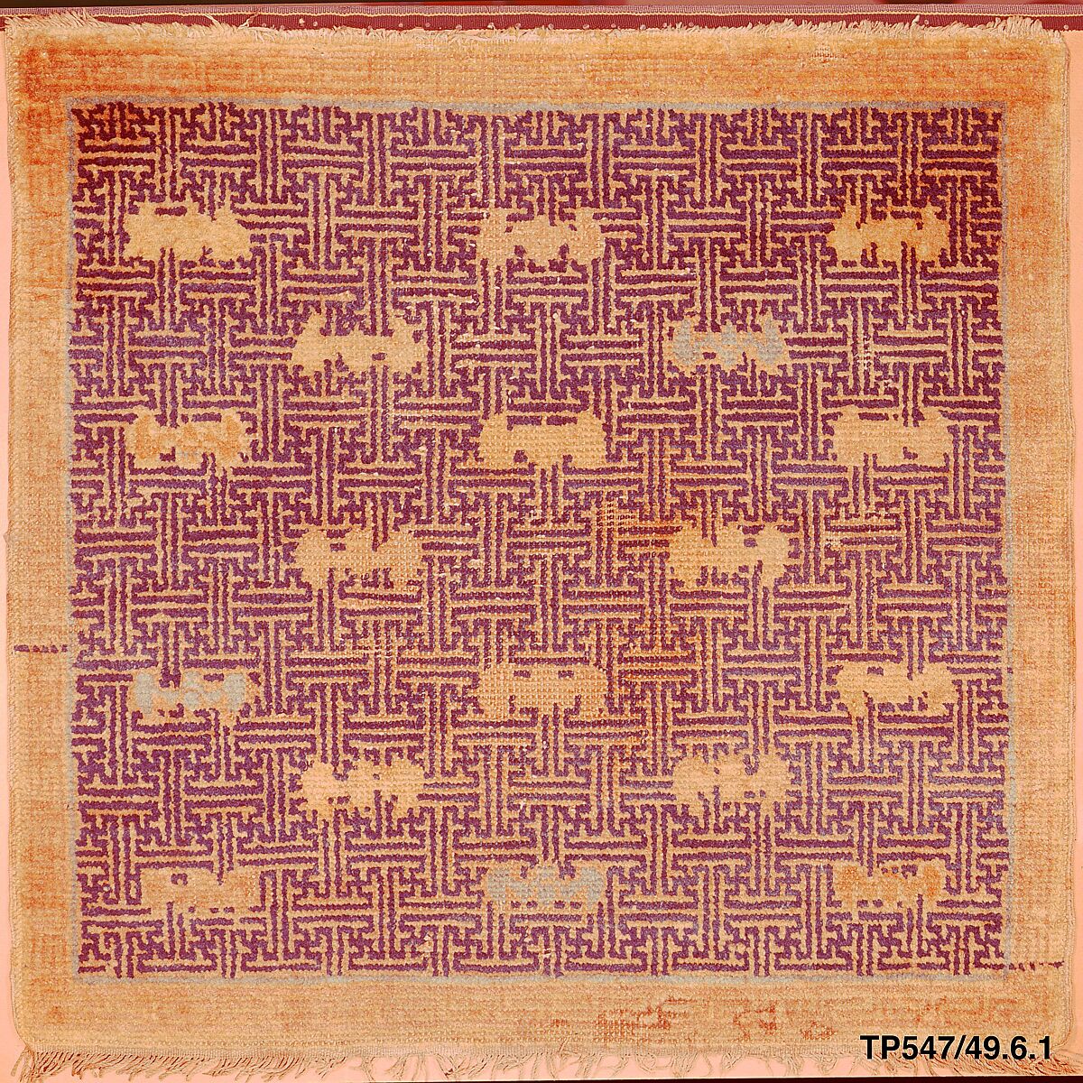 Kneeling mat with bats on swastika-fret ground, Foundation: cotton warp and weft; wool knotting, China 