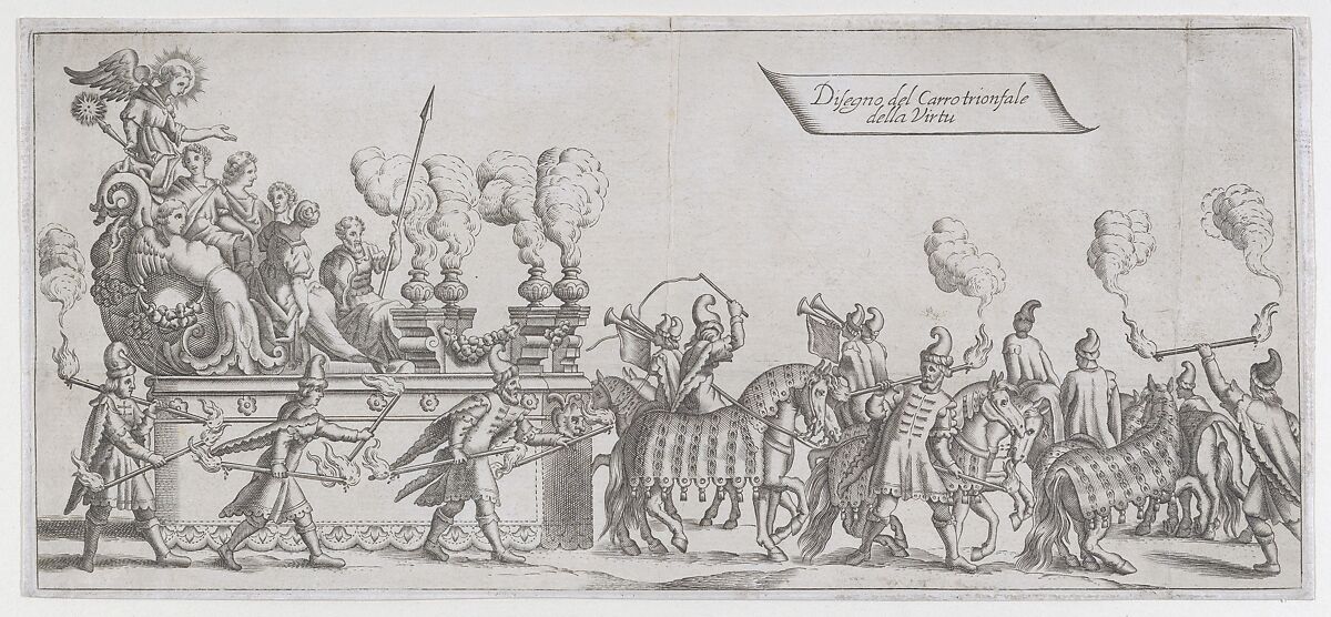 Design of the triumphal chariot of the Virtues, Anonymous, Italian, 17th century, Engraving 