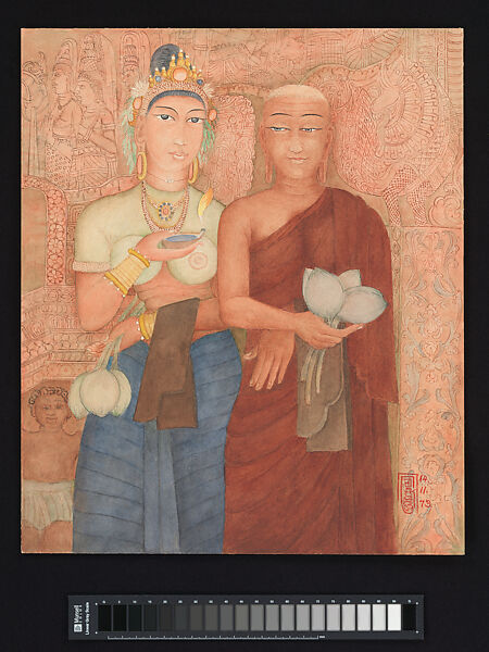 Nun and Noble Female Devotee, L. T. P. Manjusri (Sri Lankan, 1902–1982), Watercolor on paper, Sinhala 