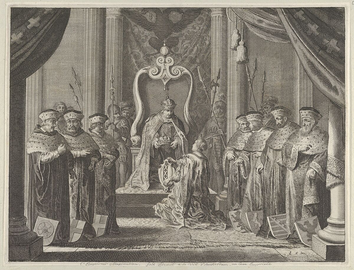 Plate 8: Emperor Maximilian II granting a crown to the coat of arms of Amsterdam, from Caspar Barlaeus, "Medicea Hospes", Pieter Nolpe (Dutch, 1613/1614–1652/1653), Etching 