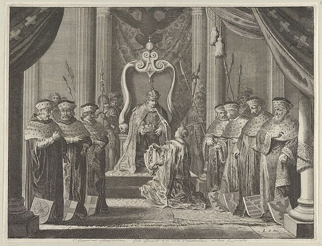 Plate 8: Emperor Maximilian II granting a crown to the coat of arms of Amsterdam, from Caspar Barlaeus, 