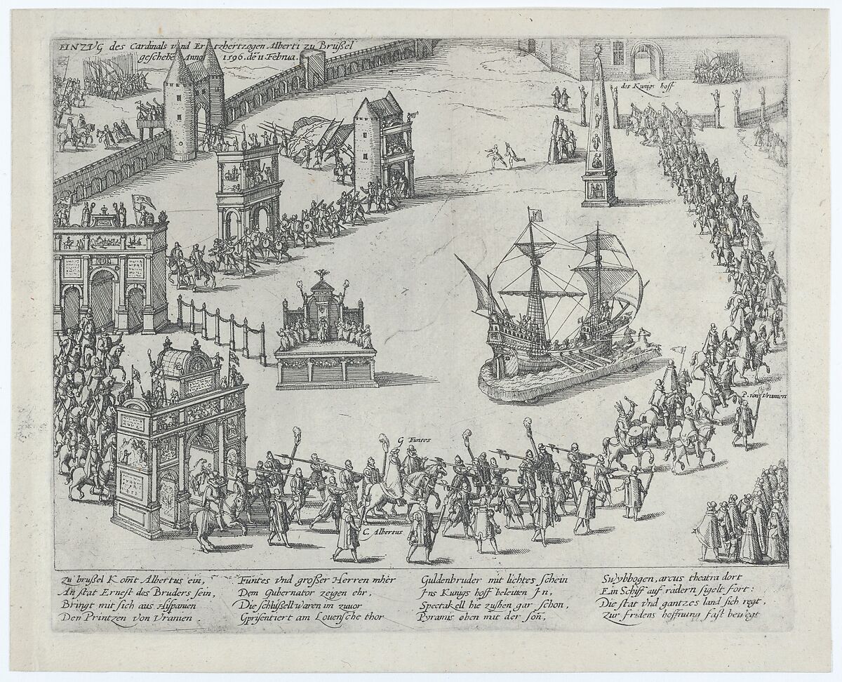 Entrance of the Cardinal and Archduke Albert to Brussels in 1596, Anonymous, 16th century, Etching 
