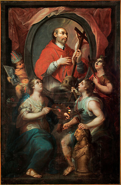 Saint Charles Borromeo and the Allegory of the Arts (San Carlos Borromeo y la alegoría de las artes), Attributed to Rafael Gutiérrez (Mexican, ca. 1750–1792) (Atribuido a Rafael Gutiérrez), Oil on canvas (Óleo sobre lienzo), Mexican 