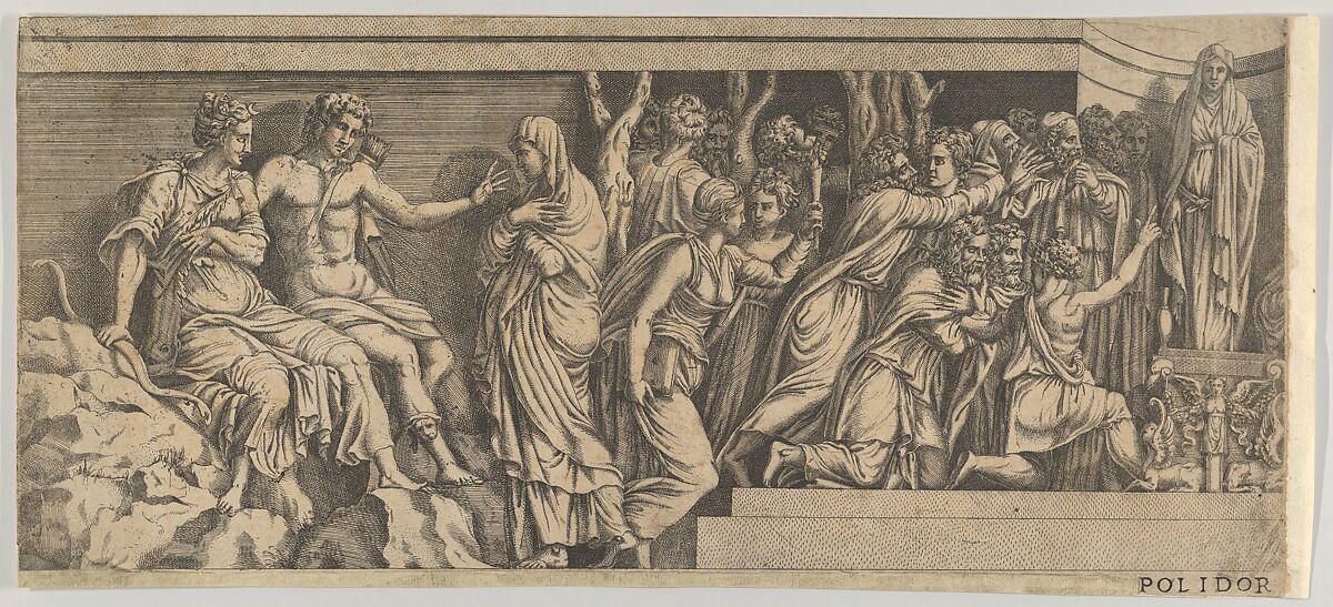 Statue of Niobe and her Worshippers, with Apollo and Diana and other Figures, after Polidoro da Caravaggio, Anonymous, School of Fontainebleau, Etching 