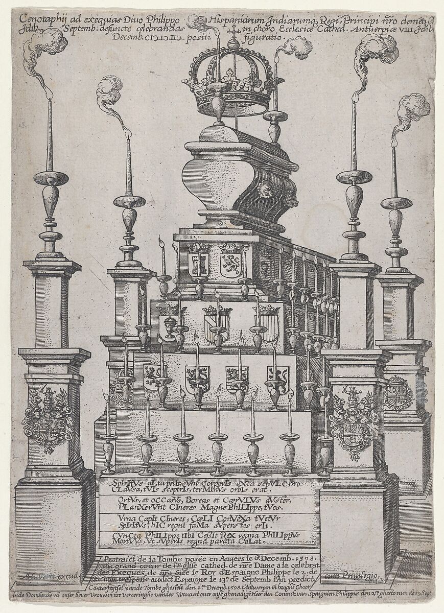Catafalque of Philip II, King of Spain, in Antwerp Cathedral, December 8, 1598, Anonymous, Netherlandish, 16th century, Etching 