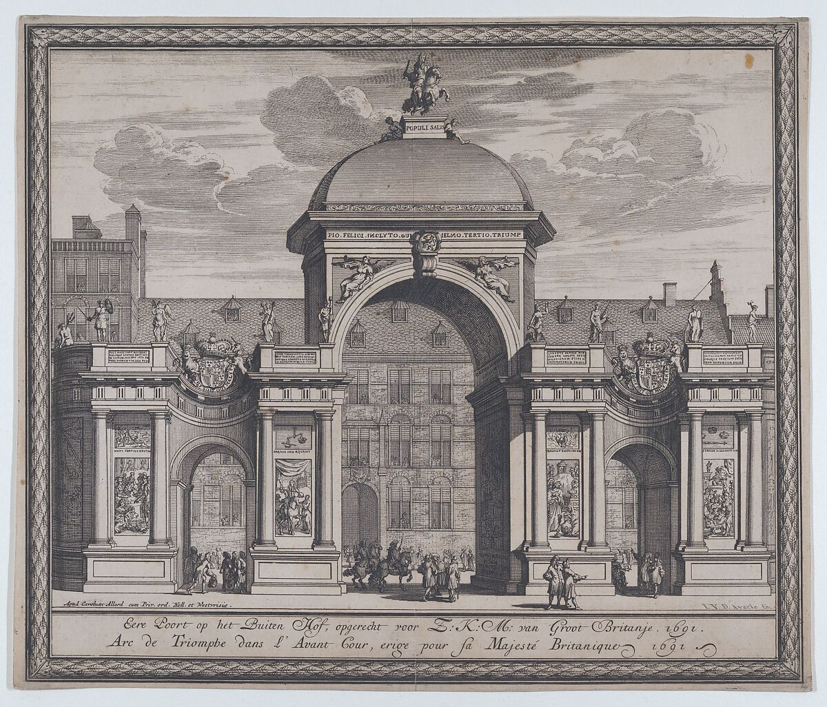 Triumphal arch erected in celebration of the entry of King William III, Jan van den Aveelen (Dutch, ca. 1655–1727), Engraving 